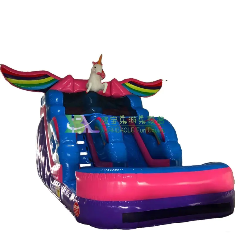 Unicorn Theme Wide Single Lane Heavy Duty Inflatable Water Slide With Inflatable Pool For Party Rental