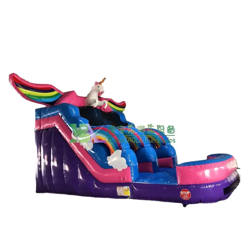 Unicorn Theme Wide Single Lane Heavy Duty Inflatable Water Slide With Inflatable Pool For Party Rental