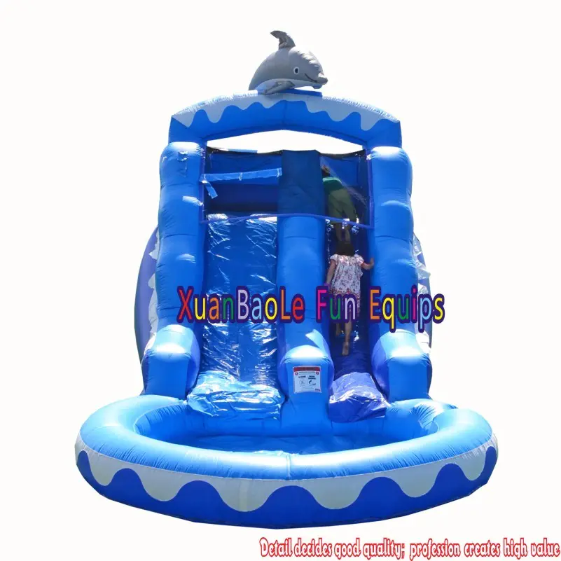 PVC Dolphin Theme Commercial Grade Blue Inflatable Water Slide With Pool For Kids Party