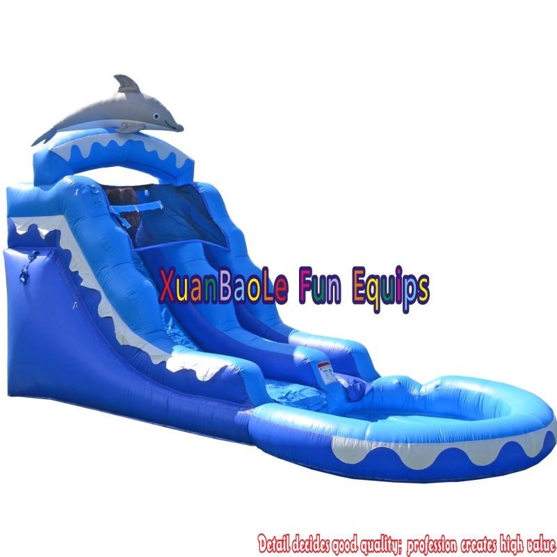 PVC Dolphin Theme Commercial Grade Blue Inflatable Water Slide With Pool For Kids Party