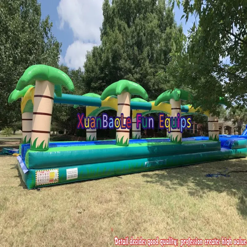0.55mm PVC Tarps Double Lanes Inflatable Tropical Slip N Slide / Palm Tree Slip Water Slide With Jump Pool For Backyard