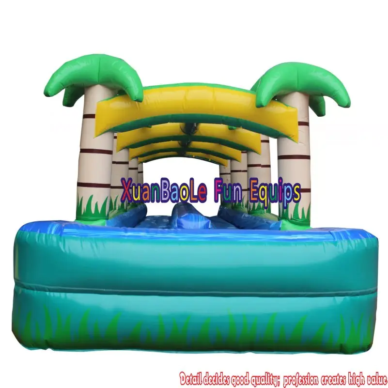 0.55mm PVC Tarps Double Lanes Inflatable Tropical Slip N Slide / Palm Tree Slip Water Slide With Jump Pool For Backyard