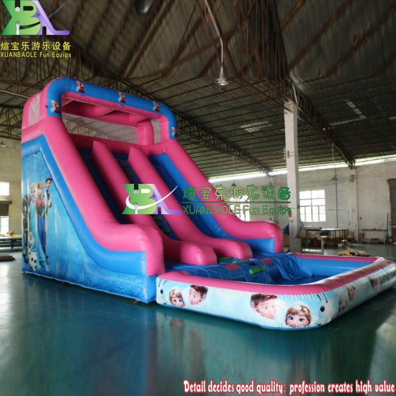 Blue&Pink Inflatable Bouncy Slide With PVC Pool Snow Queen Frozen Theme Inflatable Water Slide Commercial Quality