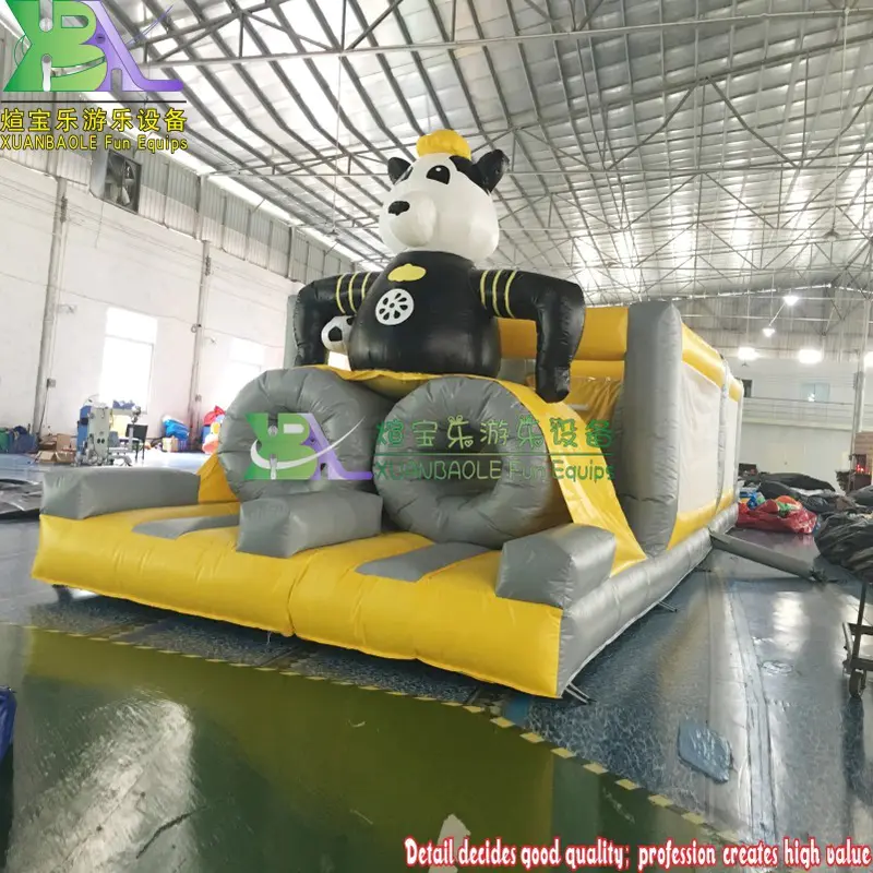 Cartoon Lovely Panda Run Inflatable Bouncing Castle Obstacle Course, Mr Black Themed Bounce House With Slide Jump