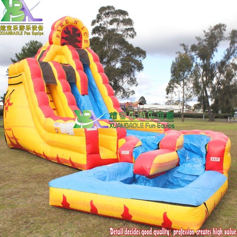 Large Fire N Ice Inflatable Water Slides Inflatable Lava Twist Water Slide With Pool