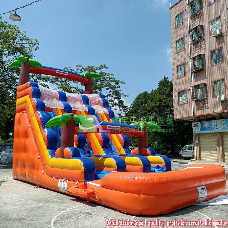 Orange Palm Tree Inflatable Slides Tropical dual lanes Wet Or Dry Play Inflatable Water Slide With Jump Pool