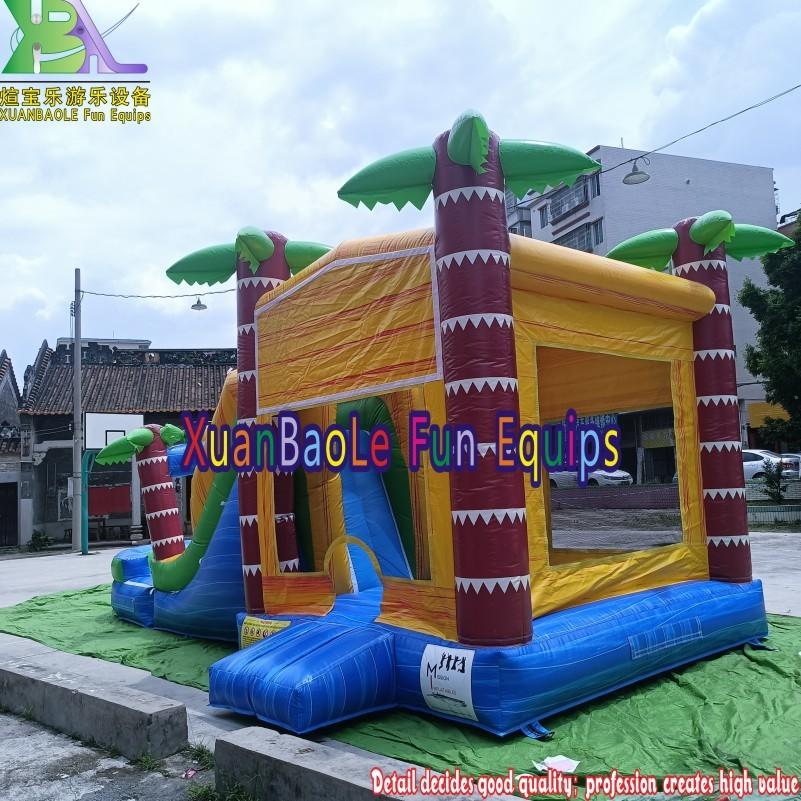 Palm Tree Wet/Dry Slide Inflatable Combo Bounce House, Tropical Inflatable Water Combo Bouncer with Slide Jump Pool