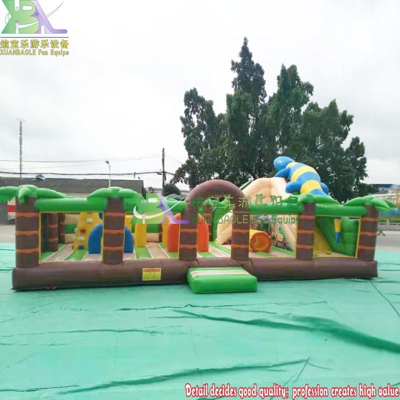 Outdoor Inflatable Jungle Amusement Park, Palm Tree Fun City Bouncy Combo / Inflatable Kids Bouncer Slide Playground With Climb Mountain