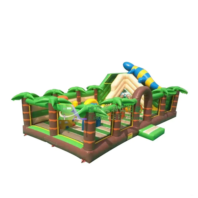 Outdoor Inflatable Jungle Amusement Park, Palm Tree Fun City Bouncy Combo / Inflatable Kids Bouncer Slide Playground With Climb Mountain