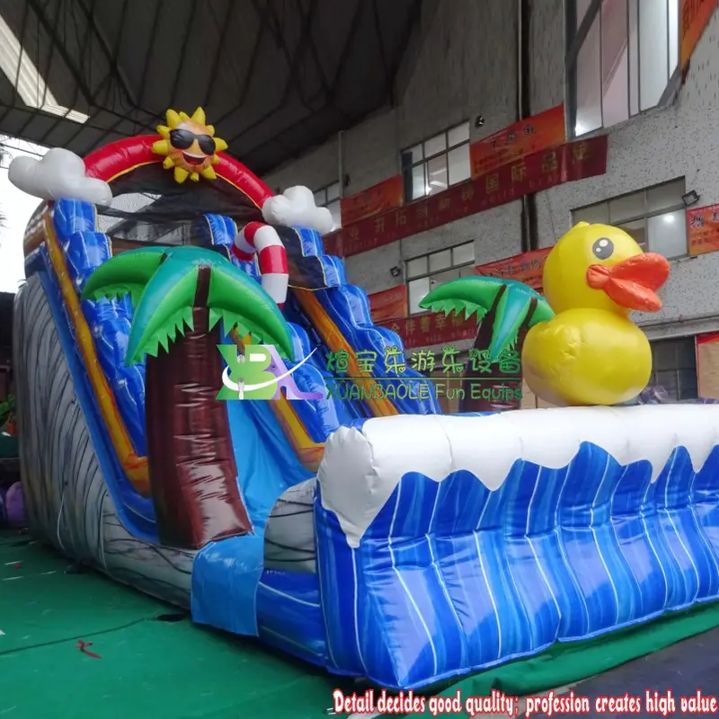 Factory Manufacture custom durable tarpaulin blue&grey marble PVC water slide lovely rubber duck inflatables water park