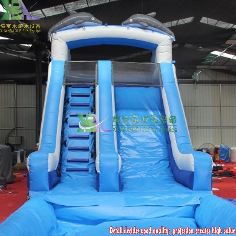 Garden Supplier Customized Dual Lane Dolphin Water slide with Pool More Styles Inflatable Blue Dolphins Water Slide Marble PVC Tarpaulin For Kids