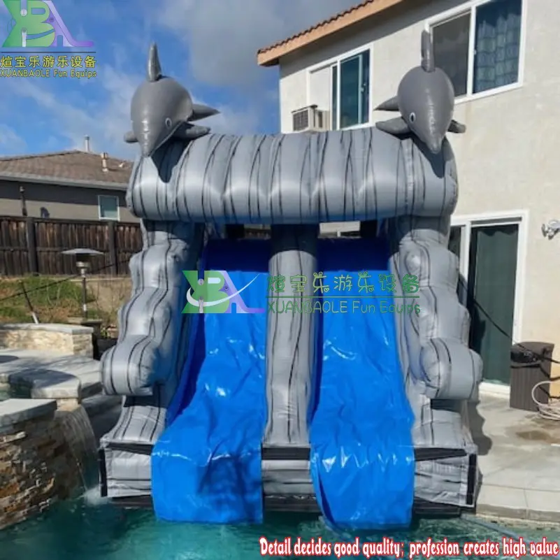Small Dolphin Inflatable Water Slide With Detachable Pool, Grey Marble Inflatable Wet Slide For Home Swimming Pool