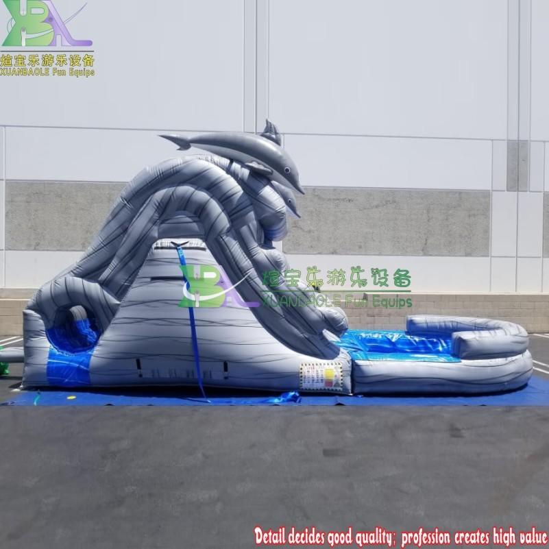 Small Dolphin Inflatable Water Slide With Detachable Pool, Grey Marble Inflatable Wet Slide For Home Swimming Pool