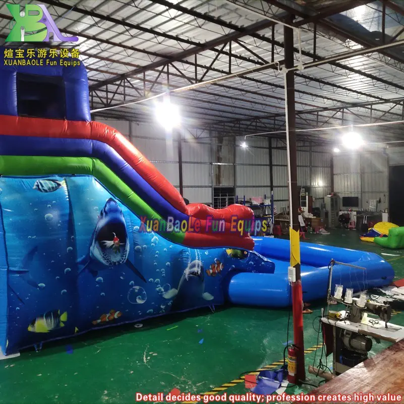 Blue Color Jumping Bouncy Water Slide On Land Ocean World Theme Inflatable Water Slide With Swimming Pool