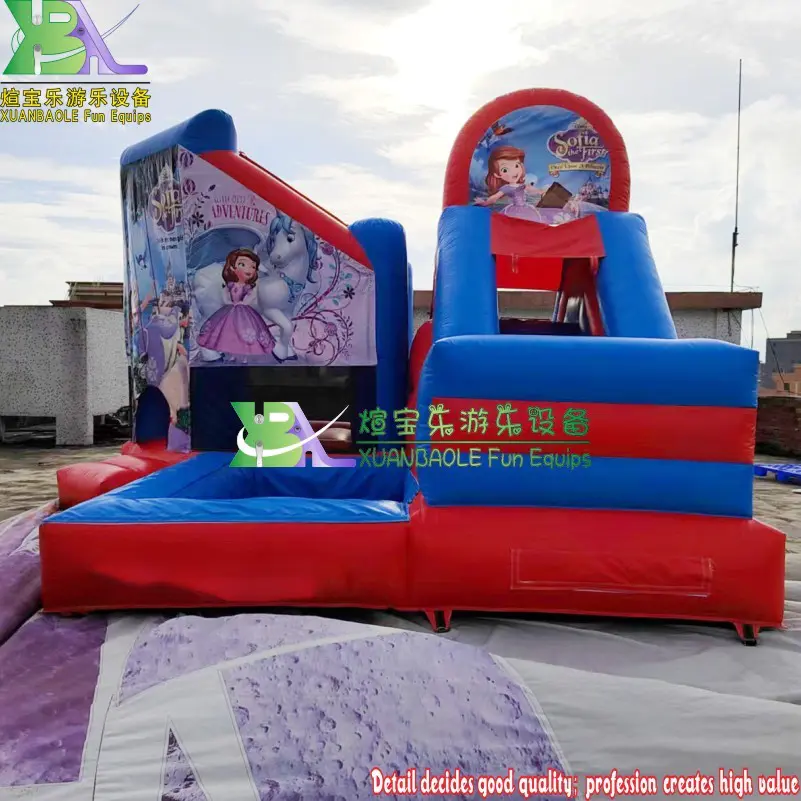 Sofia Princess Inflatable Bounce Castle, Blue&Red Jumping Moon Bounce Slide Combo With Sunroof
