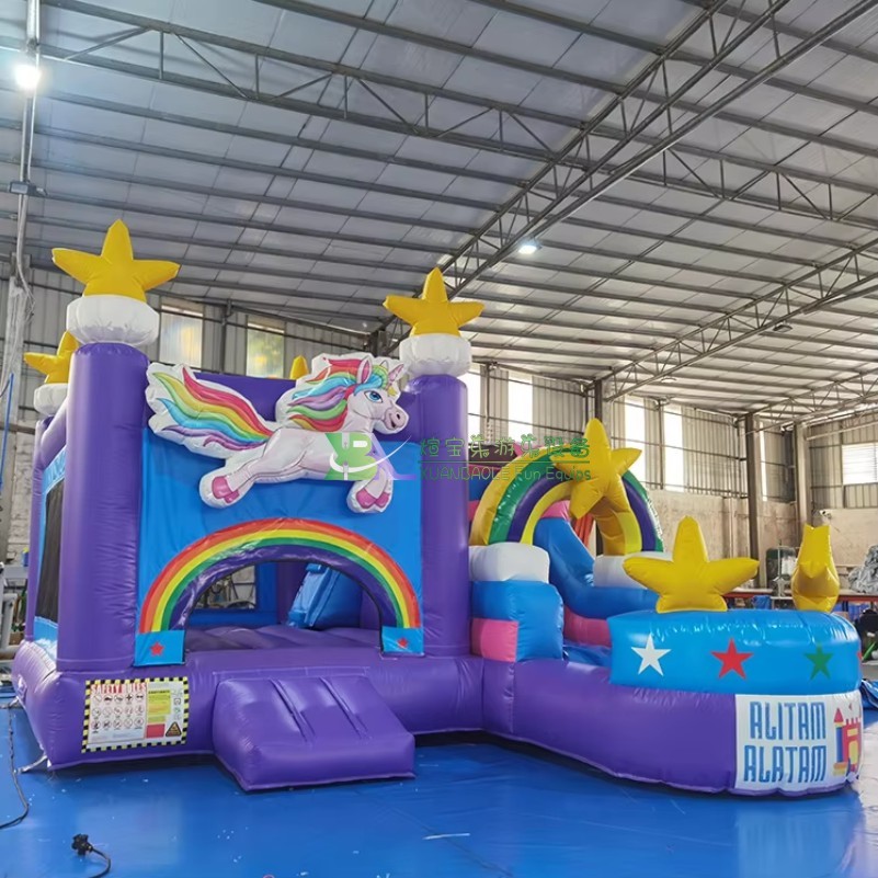 Sparkling 3D Magical Unicorn Inflatable Combo, Party Bounce House With Wet Dry Slide Trampoline