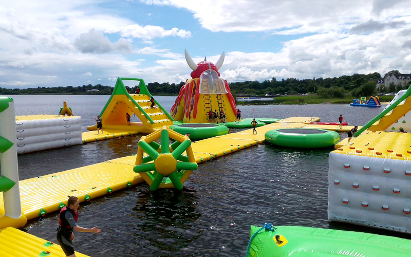 Big water rushed off inflatable equipment for adult