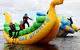 Big water rushed off inflatable equipment for adult