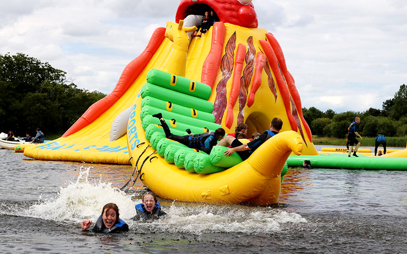 Big water rushed off inflatable equipment for adult