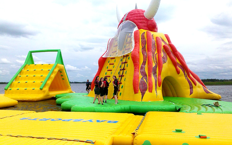 Big water rushed off inflatable equipment for adult