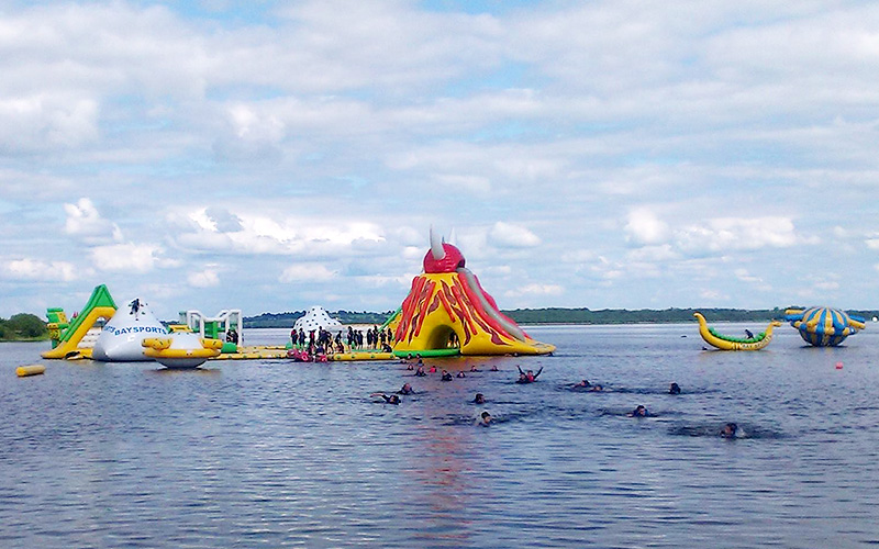 Big water rushed off inflatable equipment for adult