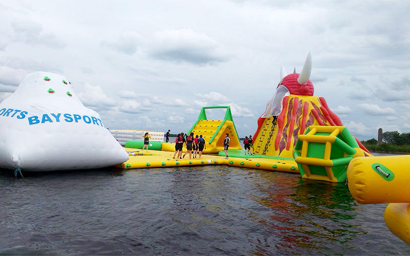 Big water rushed off inflatable equipment for adult