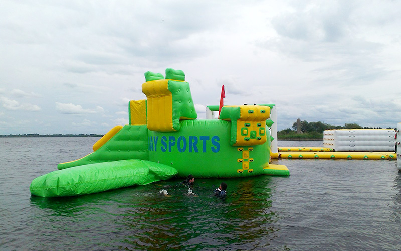 Big water rushed off inflatable equipment for adult