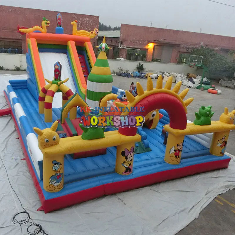 Custom 12*10*7mtrs giant inflatable dragon slide trampoline riding amusement park