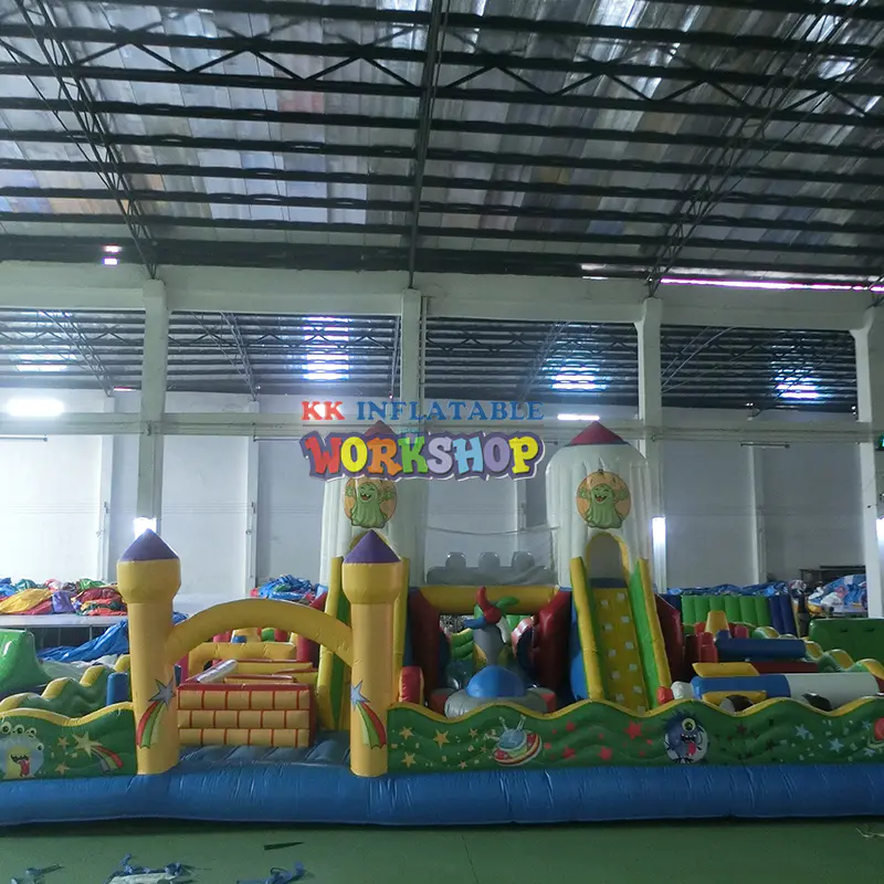 Custom-made kid's favorite castle amusement park inflatable rocket theme jumping castle trampoline with slide