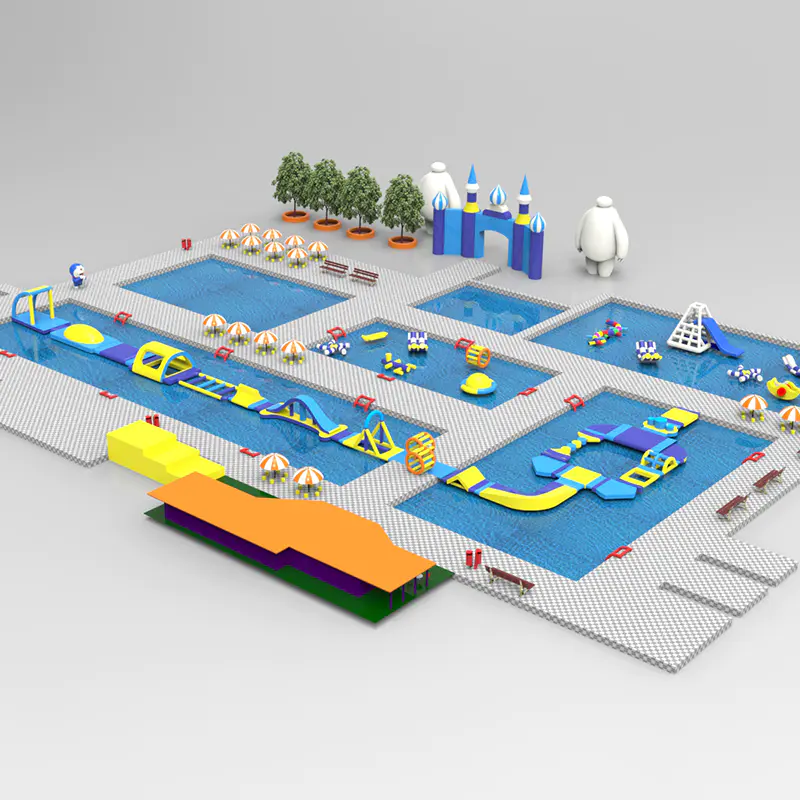 Large Frame Pool Project Outdoor Inflatable Water Park With Pool , Above Pool With Inflatable Floating Aqua Park