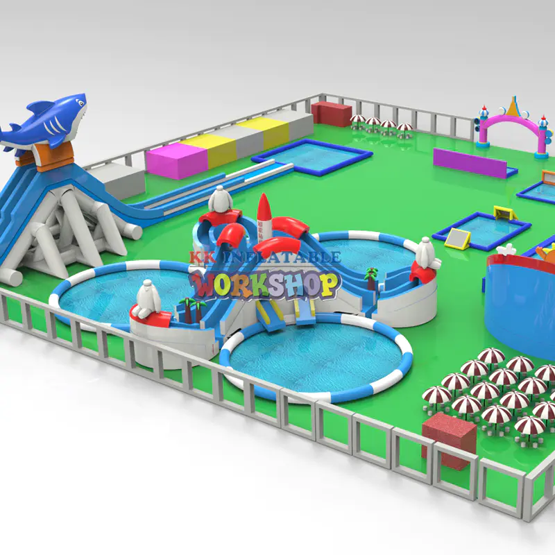 Mobile water park Big Inflatable Water Amusement Park With Hippo Shark Water Slide Frame Pool Jumping Castle Combo