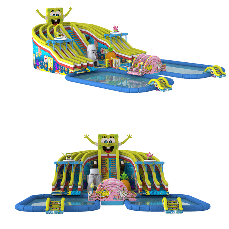 Commerical Mobile Land Sponge bob Jungle Inflatable Ground Water Park with Pool Slide For Adults