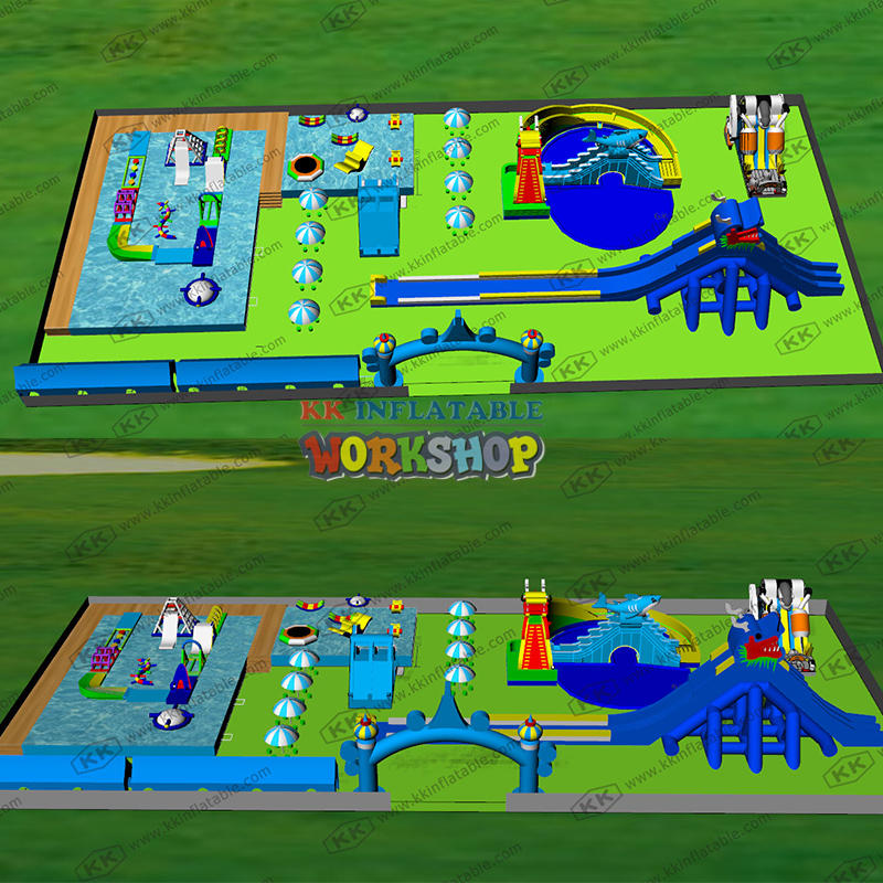 Inflatable combination park, water park and inflatable slide