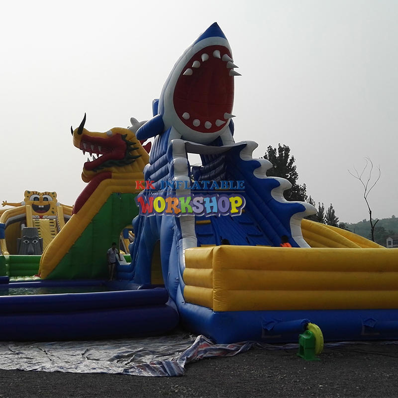 Dragon and  Shark Theme Inflatable Water Slide Double Double Slides with Pool