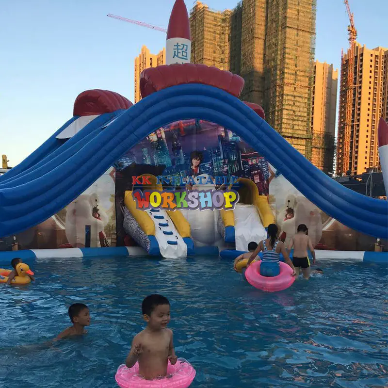 Outdoor inflatable Water Park With Water Slides, Funny Obstacles and Swimming Pool