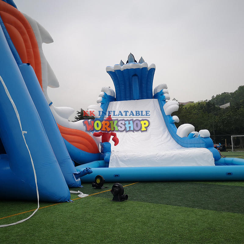 Funny Giant Shark and Dolphin Theme Inflatable Water Slide with Pool