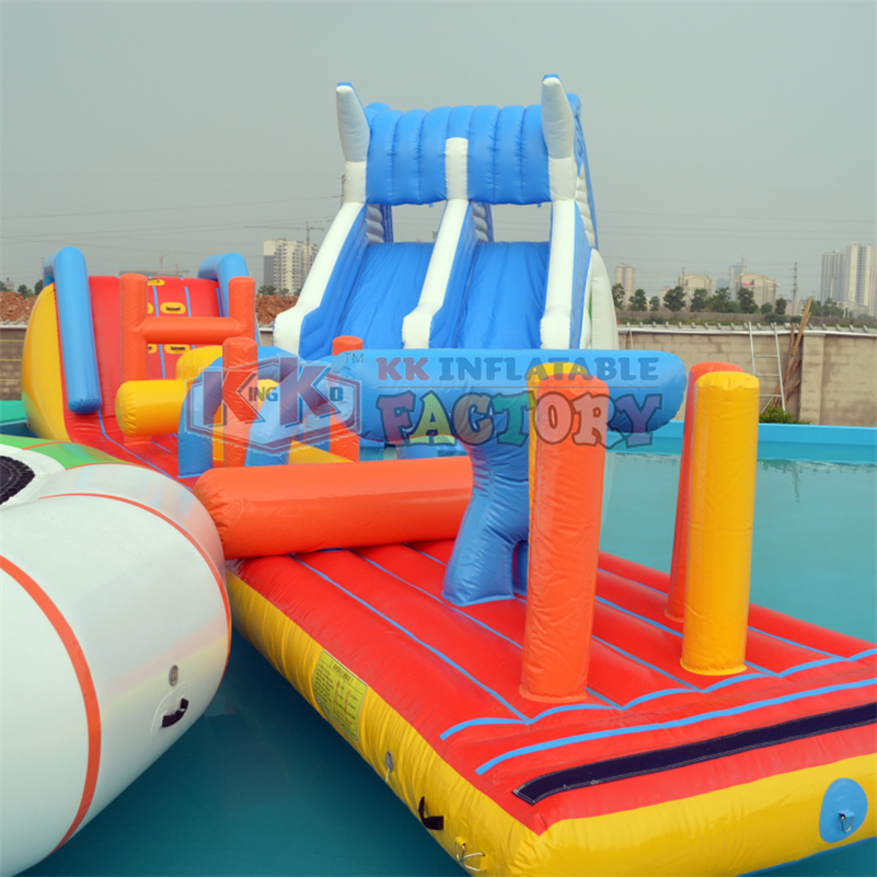 Blue white inflatable water slide with pool