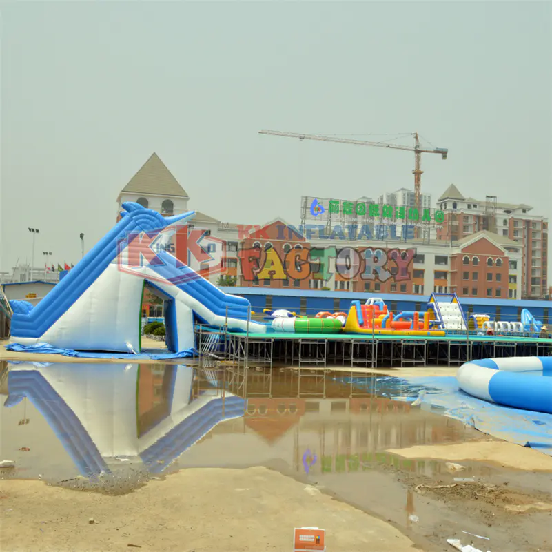Blue white inflatable water slide with pool