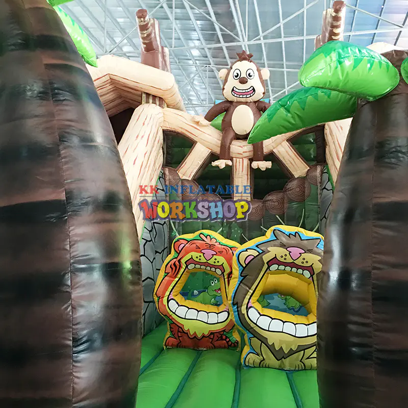 20FT Platform Jungle Animals Palm Tree Bouncy Slide Jumper Fantastic 3D Artwork Inflatable Dry Slide