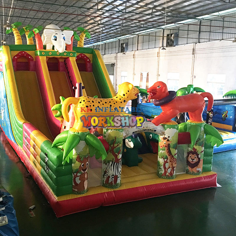 Safari Park Elephant Jungle Giraffe Inflatable Super Slide Playground, Air Blow Up Kids Inflatable Bouncer Slide Fun City Park