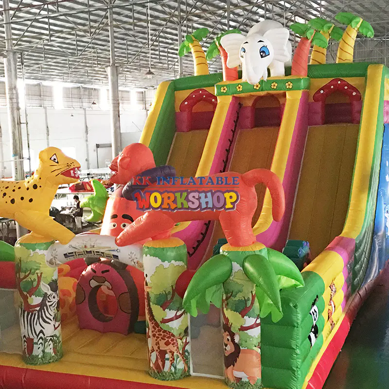 Safari Park Elephant Jungle Animals Inflatable Super Slide Playground, Air Blow Up Kids Inflatable Slide Fun City Park
