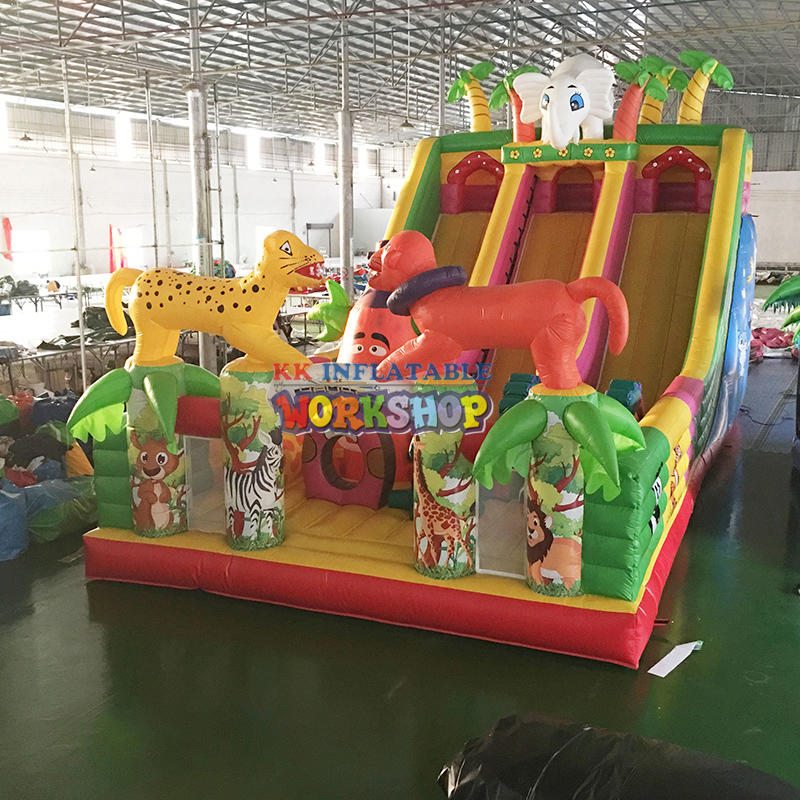 Safari Park Elephant Jungle Giraffe Inflatable Super Slide Playground, Air Blow Up Kids Inflatable Bouncer Slide Fun City Park