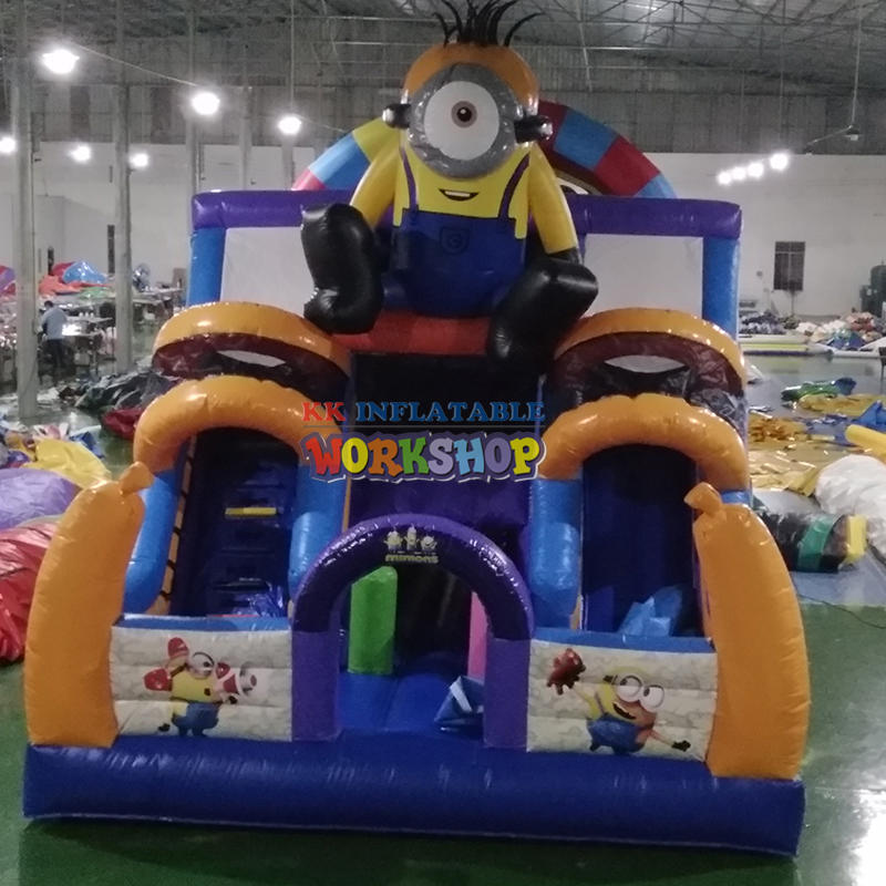 Kids PVC Slide Minions Fun Cartoon Dual Lanes Inflatable Dry Slide with Stairs