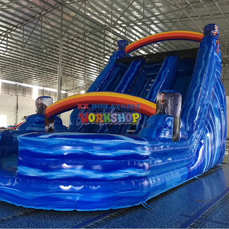 Marble blue/orange alternating height wet dry dual purpose inflatable slide, bouncing castle amusement park dual slide