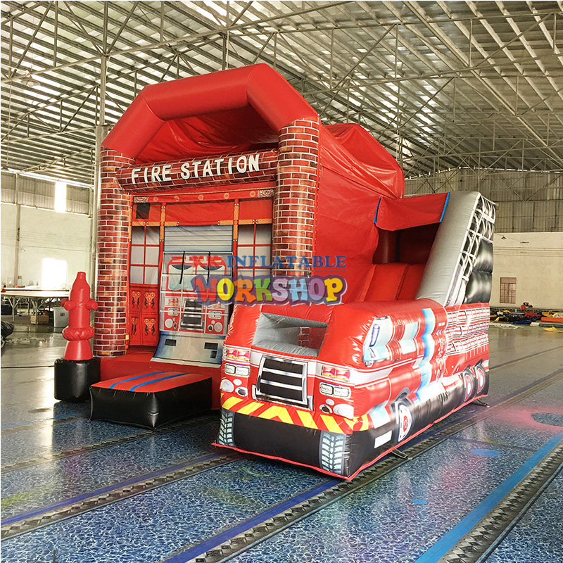 Fire Truck Birthday Party Rentals Bouncer Castle Combo, Inflatable Fire Fighting Truck Jumping House