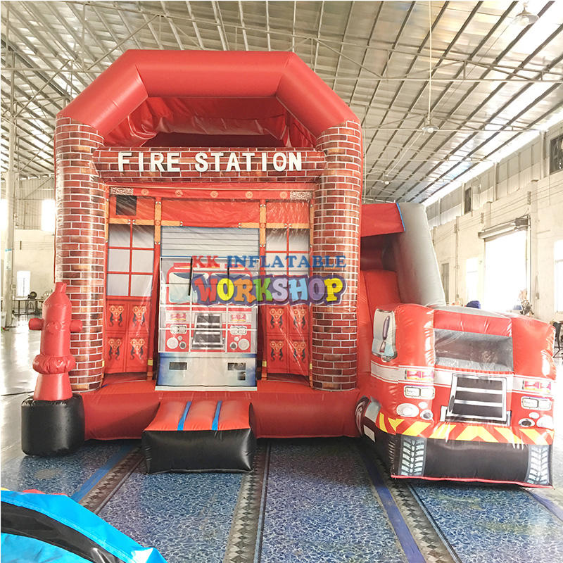 Fire Truck Birthday Party Rentals Bouncer Castle Combo, Inflatable Fire Fighting Truck Jumping House For Commercial Use