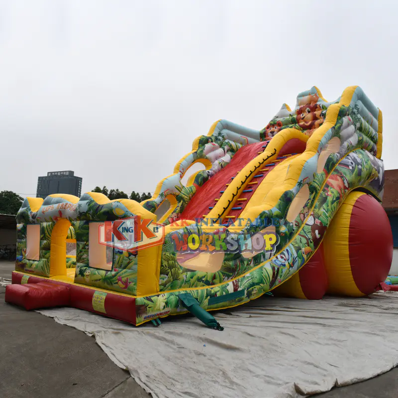 Colorful Inflatable Dry Slide Jungle Wild Animal Digital Printed Dual Lanes Dry Slide Trampoline