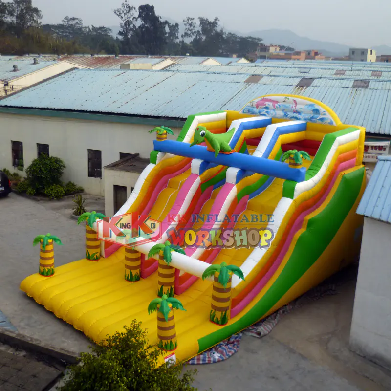 Summer jungle theme inflatable slide for kids, palm tree dinosaur inflatable wet slide