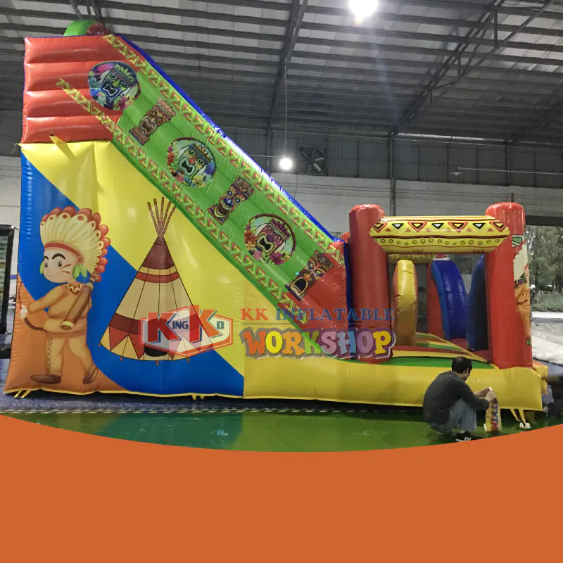 Indian Theme Inflatable Slide, Dual Lane Inflatable Indian Decoration Bouncy Combo Slide Jumper