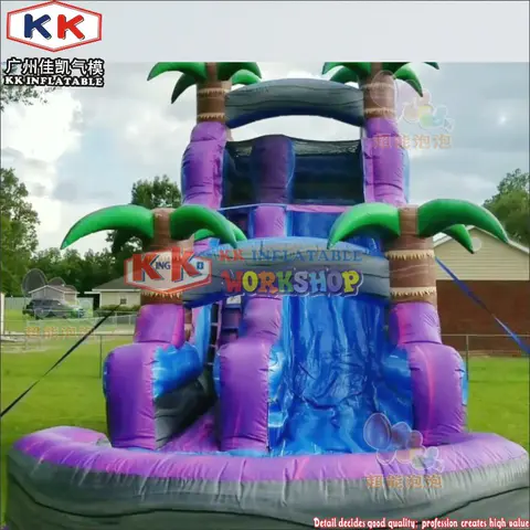 18ft Marble Purple Palm Tree Jumping Inflatable Wet Slide, Inflatable Water Slide With Splash Pool